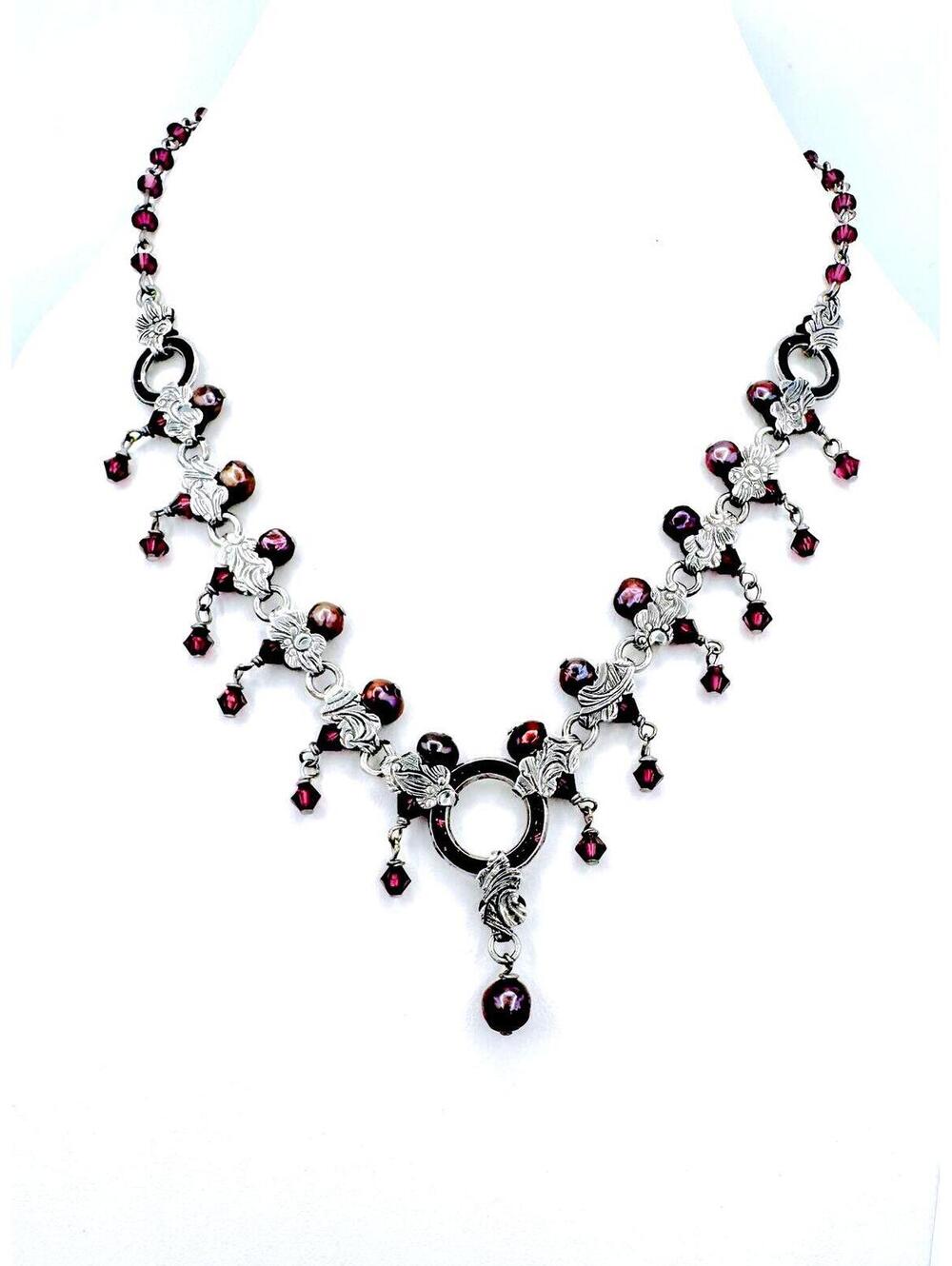 Vintage silver bohemian red/purple crystals with purple dyed pearls necklace
